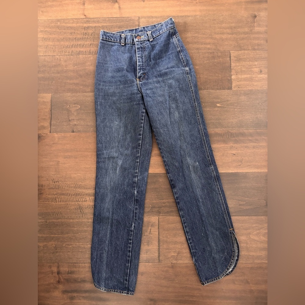 Vintage 80s Chic Blue Straight Leg Jeans with Side Slit